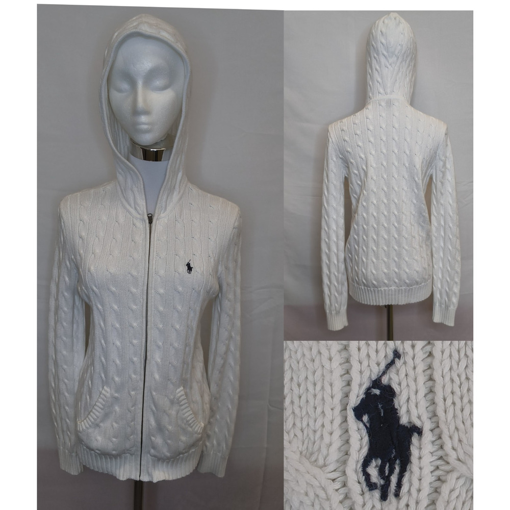 Ralph Lauren Zip up Cardigan Women's L White 100% Cotton Hooded #W4875